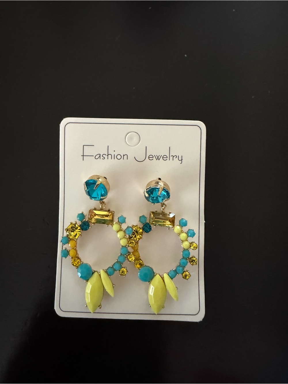 Fashion statement Jewelry Turquoise and Yellow Crystal Hoop Drop Earrings NWT